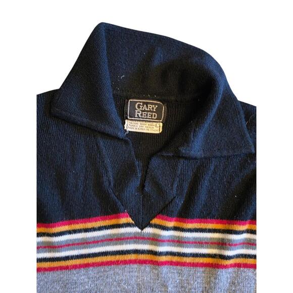 Vintage 1970's Gary Reed Black and Gray Striped V-Neck Sweater - Size Large - Picture 4 of 6